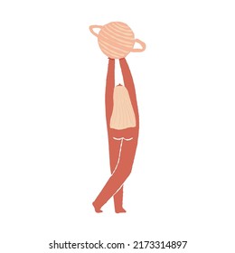 Cute Celestial lady with pink hair holding a fantasy Jupiter planet under her head. Powerful woman, magician, feminine energy concept. Symbolic female goddess Moon child character. Vector illustration
