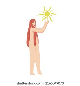 Cute Celestial lady with red hair holding a sun in her hands. Powerful woman, feminine energy concept. Symbolic female character. Vector isolated illustration.