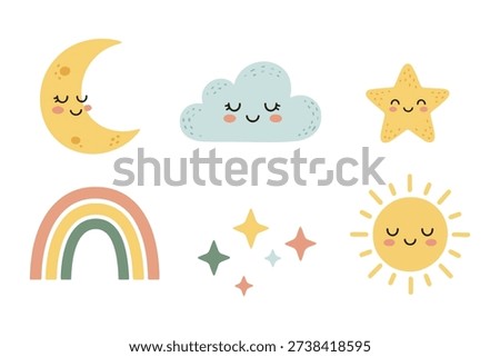 Cute celestial sky elements set with smiling sun moon and stars, hand drawn whimsical rainbow and cloud clipart for kids