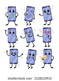 Cute cellphone cartoon character vector illustrations set. Happy, sleepy, angry smartphone character, comic mobile phone smiling on white background. Technology, communication, emotions concept