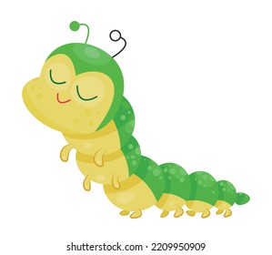 Cute centipede character. Green adorable and charming insect. Sticker for social networks and messengers. Nature, Wildlife and Environment. Toy or mascot for kids. Cartoon flat vector illustration