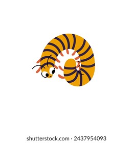 Cute centipede with puzzled emotions. Butterfly larva with striped skin. Curled caterpillar, little colorful worm, adorable moth larvae. Confused character. Flat isolated vector illustration on white