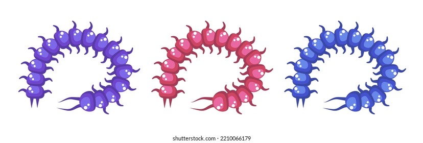 Cute centipedes. Set colored centipedes. Vector clipart isolated on white background.