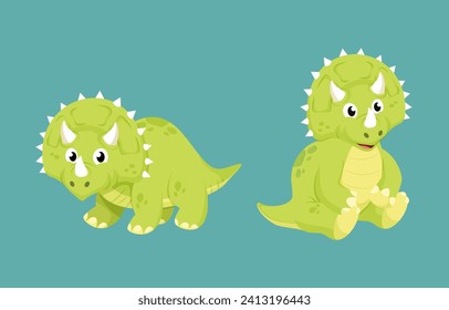 Cute Centrosaurus Dinosaur Cartoon Character Set. Ilustración de los vectores de sentados y de la posición de los dinosaurios