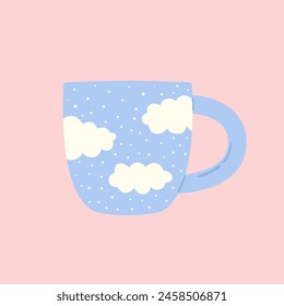 Cute ceramic blue cup for coffee and tea. Doodle drawing of hand made mug with clouds print. Bizarre kitchen decor. Vector illustration