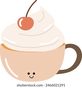 Bonita cerámica con café o té, o un chocolate caliente con crema y una cereza en la parte superior. Dibujo de garabatos. Ilustración vectorial