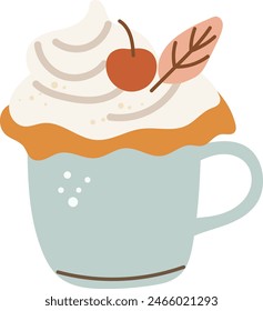 Bonita cerámica con café o té, o un chocolate caliente con crema y una cereza en la parte superior. Dibujo de garabatos. Ilustración vectorial