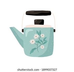 Cute ceramic colored teapot isolated on white background. Tea kettle painted with camomile flowers. Kitchen crockery item. Hand drawn flat vector illustration