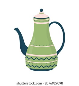 Cute ceramic colored teapot. Kitchen crockery item isolated on white background. Hand drawn flat vector illustration.
