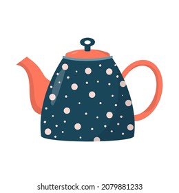 Cute ceramic colored teapot. Kitchen crockery item isolated on white background. Hand drawn flat vector illustration.