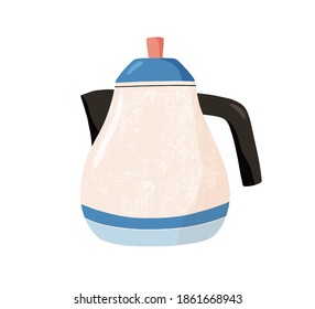 Cute ceramic colored teapot. Modern tea kettle. Kitchen crockery item isolated on white background. Hand drawn flat textured vector illustration