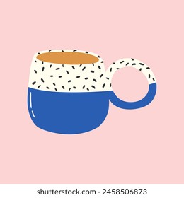 Cute ceramic cup for coffee and tea. Doodle drawing of hand made mug. Bizarre kitchen decor. Vector illustration