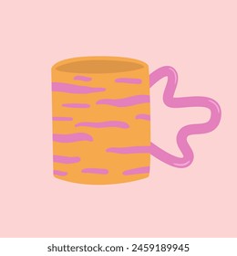 Cute ceramic cup for coffee and tea. Doodle drawing of hand made mug with distorted handle. Bizarre kitchen decor. Vector illustration