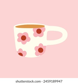 Cute ceramic cup for coffee and tea. Doodle drawing of hand made mug with floral print. Bizarre kitchen decor. Vector illustration