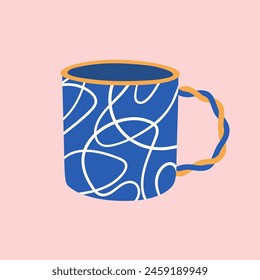 Cute ceramic cup for coffee and tea. Doodle drawing of hand made mug. Bizarre kitchen decor. Vector illustration