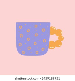 Cute ceramic cup for coffee and tea. Doodle drawing of hand made mug with beaded handle. Bizarre kitchen decor. Vector illustration