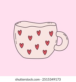 Taza de cerámica linda para el café y el té con corazones. Doodle dibujo de taza distorsionada hecha a mano. Bizarra decoración de la cocina. Ilustración vectorial