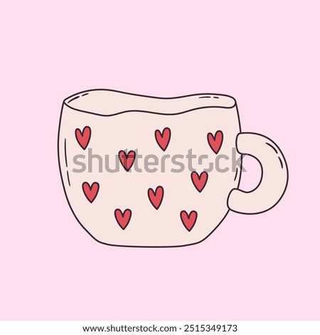 Cute ceramic cup for coffee and tea with hearts. Doodle drawing of hand made distorted mug. Bizarre kitchen decor. Vector illustration