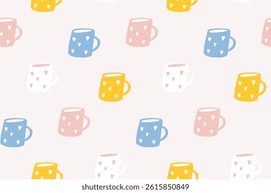 Cute ceramic cups seamless pattern, pastel pink yellow blue mugs, cafe background, coffee morning texture.