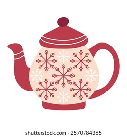 Cute ceramic or glass teapot with red lid and snowflakes. Hot drink. Tea in teapot. Tea time illustration for cafe and restaurant menu design, isolated background.