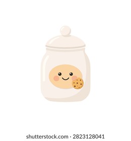 Cute ceramic kitchen jar with a lid featuring a smiling face and a chocolate chip cookie isolated on a white background, for food storage