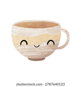 A cute ceramic mug with a happy smiling face design