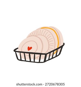Placas cerâmicas bonitas em cremalheira de prato, coração, listrado, e desenhos em relevo, ilustração de vetor branco, organização da cozinha, decoração de casa minimalista