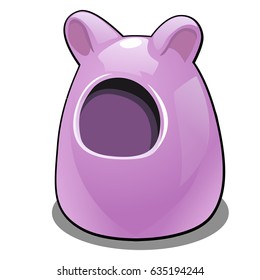 Cute ceramic purple house for pet rodents isolated on white background. Products of the pet shop. Vector cartoon close-up illustration.
