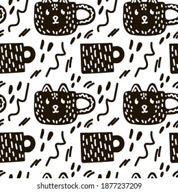 Cute ceramic tableware background. Pattern of kitchen utensils in black and white. Cups and mugs for home cooking with folk pattern. Color illustration vector texture in doodle style. Vector