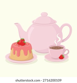 Bule de chá de cerâmica bonito, uma xícara de chá quente com pires e deliciosa sobremesa de bolo de morango. Ilustração do vetor do conjunto de horas do chá.