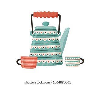 Cute ceramic teapot with cups. Painted kettle isolated on white background. Kitchen crockery. Tea party concept. Hand drawn flat vector illustration
