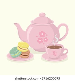 Bule de chá de cerâmica bonito com padrão floral, uma xícara de chá quente com pires e deliciosa sobremesa de macarons. Ilustração do vetor do conjunto de horas do chá.