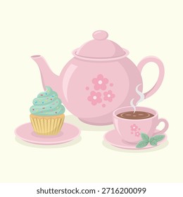 Bonitão de chá de cerâmica bonito com padrão floral, uma xícara de chá quente com pires, hortelã e deliciosa sobremesa de cupcake. Ilustração do vetor do conjunto de horas do chá.