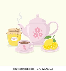 Bule de chá cerâmico bonito com padrão floral, uma xícara de chá quente com pires, limão fatiado e jarra de geleia caseira. Ilustração do vetor do conjunto de horas do chá.