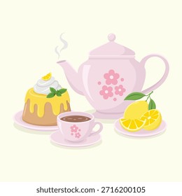 Bule de chá de cerâmica bonito com padrão floral, uma xícara de chá quente com pires, limão fatiado e deliciosa sobremesa de bolo. Ilustração do vetor do conjunto de horas do chá.