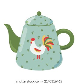 Cute ceramic teapot side view decorated with design elements flat cartoon illustration. Colored tea kettle hand drawn vector design. Kitchen trendy crockery for hot drink isolated on white background