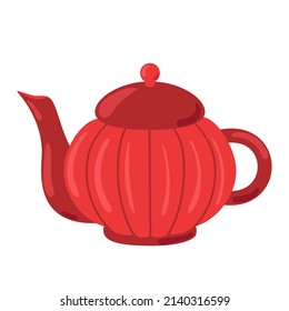 Cute ceramic teapot side view decorated with design elements flat cartoon illustration. Colored tea kettle hand drawn vector design. Kitchen trendy crockery for hot drink isolated on white background