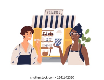 Cute ceramics shop owners talking to each other. Happy seller and customer. Woman sell handcrafted ceramic and pottery. Small modern business. Flat vector cartoon illustration on white background