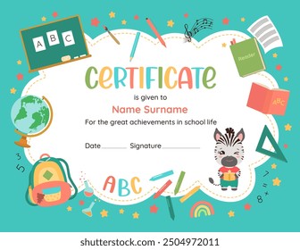 Cute certificate design template for elementary school. Back to school playful frame background. Children vector illustration of school supplies. Vibrant colors, fun character, child-friendly design.