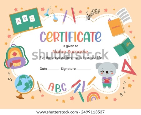 Cute certificate design template for elementary school. Back to school playful frame background. Children vector illustration of school supplies. Vibrant colors, fun character, child-friendly design.