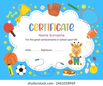 Cute certificate sports achievement recognition. Fun design template with kawaii cartoon animal and flat vector sport icons. Perfect for celebrating young athlete success in elementary school.