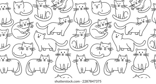 Cute chabby cats Seamless thin line icons background pattern. Vector illustration in linear simple style. Black and white