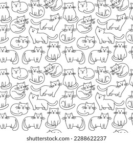 Cute chabby cats Seamless thin line icons background pattern. Vector illustration in linear simple style. Black and white