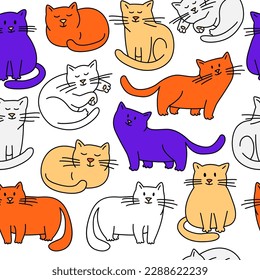 Cute chabby cats Seamless thin line icons background pattern. Vector illustration in linear simple style. Purple , red, ginger and white