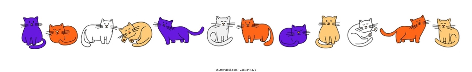 Cute chabby cats thin line icons background pattern. Vector illustration in linear simple style. Purple , red, ginger and white