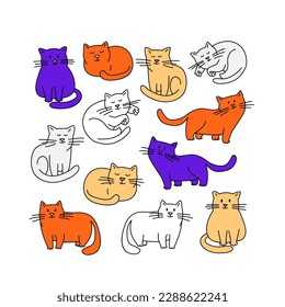 Cute chabby cats thin line icons background pattern. Vector illustration in linear simple style. Purple , red, ginger and white