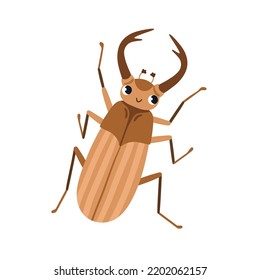 Cute chafer, May bug. Funny maybug character, childish insect. Happy smiling cockchafer, top view. Lovely spring beetle, baby maybeetle. Flat cartoon vector illustration isolated on white background