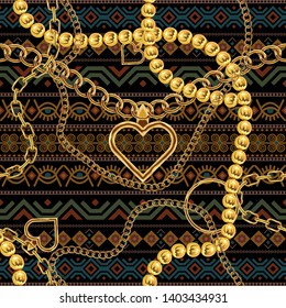 Cute chain texture seamless with african ornaments. Flat and solid color vector illustration.
