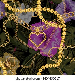 Cute chain texture seamless with tropical flower and leaf pattern. Flat and solid color vector illustration.