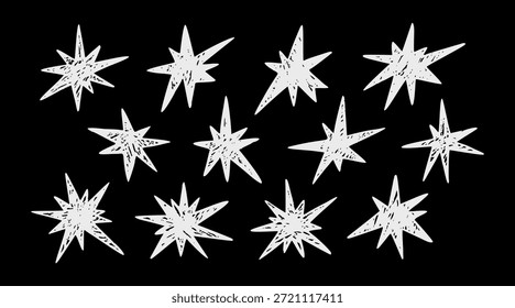 Conjunto de Estrelas Desenhadas à Mão em Giz Bonito. Caprichosos rabiscos celestes com texturas pastel ásperas. Ícones brincalhões esboçados apresentam png de figura de giz de cera orgânico para desenhos infantis, colagens e fundo criativo